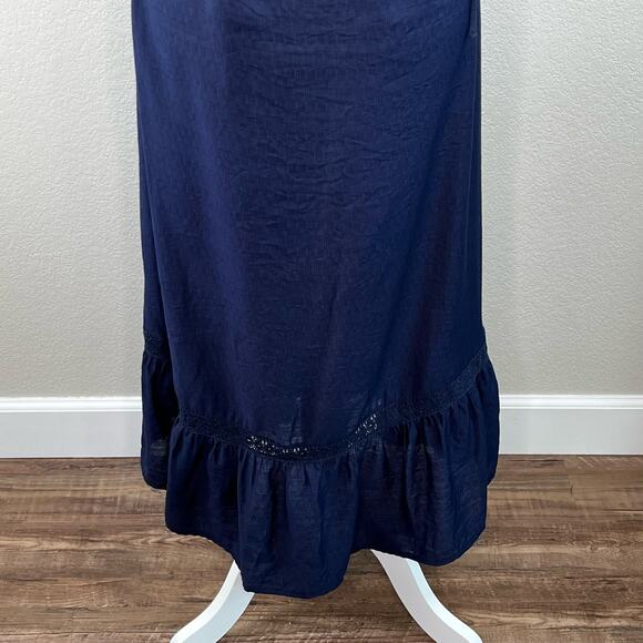 Lush Navy Blue Lace Trim Gauze V-Neck High-Low Sleeveless Midi Dress Large - Picture 12 of 14